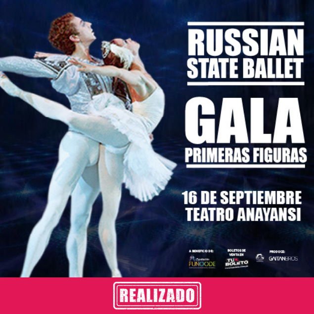 Foto promocional del evento RUSSIAN STATE BALLET describiendo los participantes y fechas del evento.