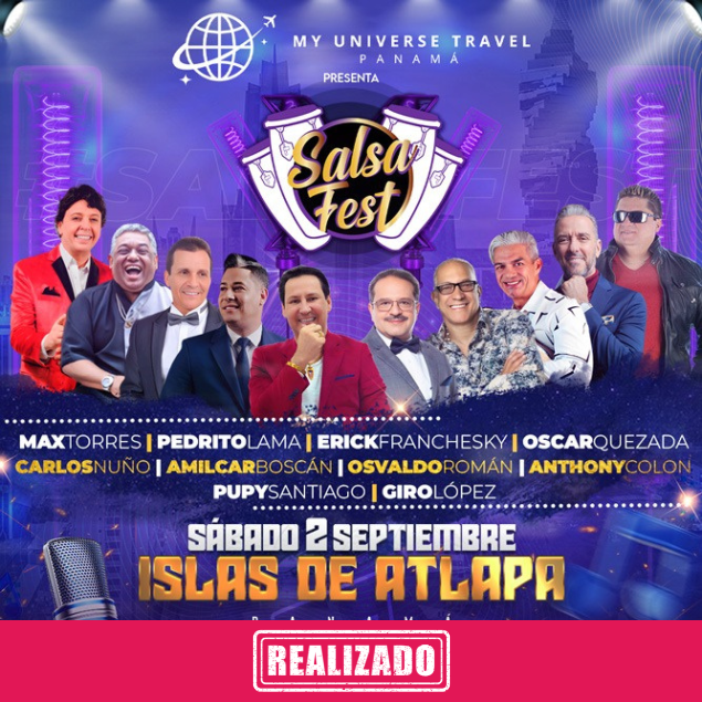 Foto promocional del evento SALSA FEST describiendo los participantes y fechas del evento.