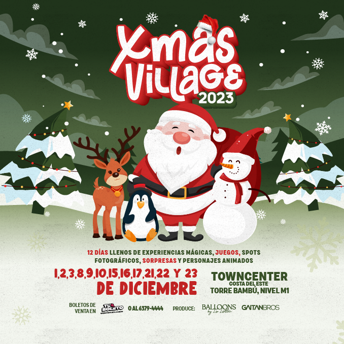 Plot promocional del evento XMAS VILLAGE 2023 con precios y mapa.