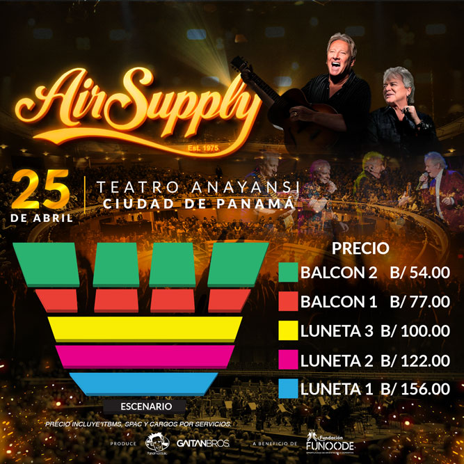 Plot promocional del evento AIR SUPPLY con precios y mapa.