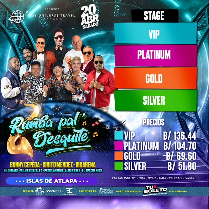 Plot promocional del evento RUMBA PAL´ DESQUITE con precios y mapa.