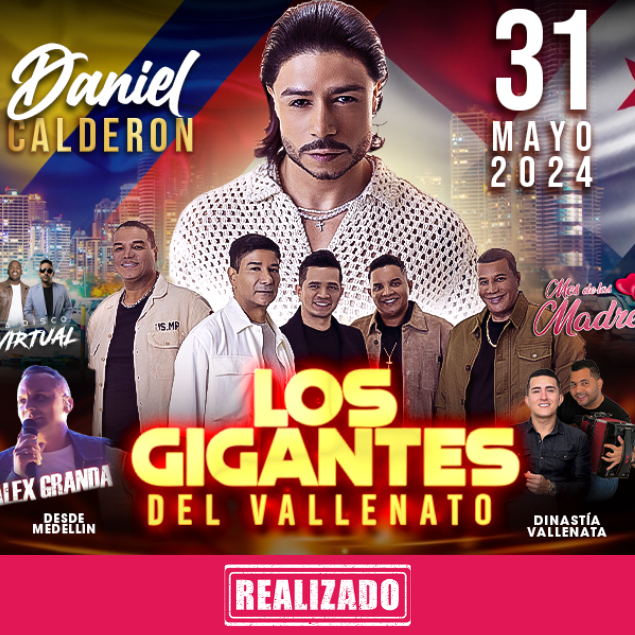 Foto promocional del evento LOS GIGANTES DEL VALLENATO describiendo los participantes y fechas del evento.