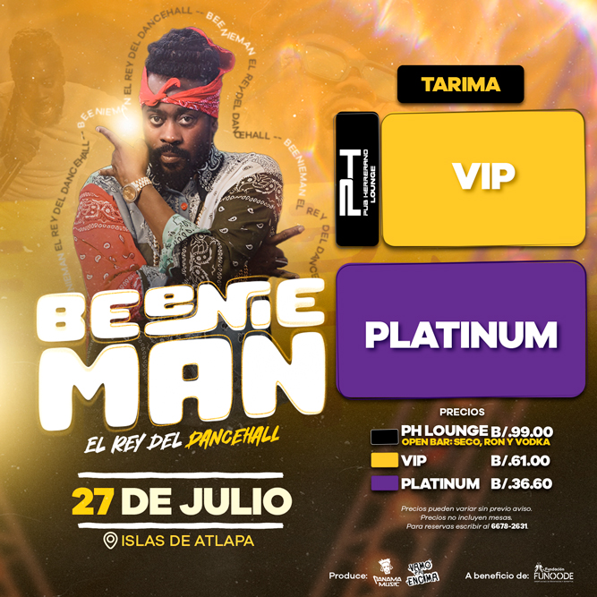 Plot promocional del evento BEENIE MAN con precios y mapa.