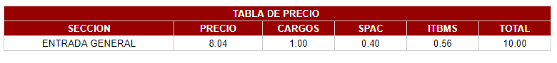 Tabla con precios del evento LUIS LUGO VS VICTOR JARAMILLO por cada sector.