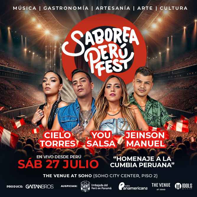 Plot promocional del evento SABOREA PERÚ FEST con precios y mapa.