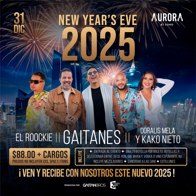 Foto promocional del evento NEW YEAR´S EVE 2025 describiendo los participantes y fechas del evento.